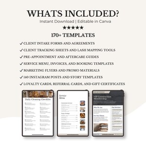 May include: A digital download graphic with the text "WHATS INCLUDED?" and a list of templates, including client intake forms, service menus, and marketing flyers. Three digital tablets display sample templates.