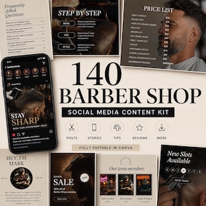 Op de afbeelding: Een social media content kit voor een barbershop, met sjablonen voor berichten, stories en meer. Het ontwerp bevat een prijslijst, informatie over het boeken van afspraken en voorbeelden van barbershopdiensten. De kit is volledig bewerkbaar in Canva.