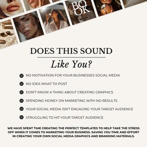 May include: A digital marketing graphic featuring a collage of lifestyle images at the top and the text DOES THIS SOUND Like You? followed by a checklist of business challenges and a concluding paragraph about social media templates.