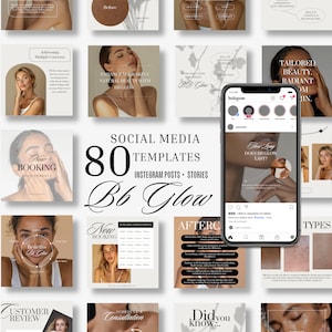 Puede incluir: Imagen promocional que muestra 80 plantillas de redes sociales para publicaciones e historias de Instagram, centradas en la marca de cuidado de la piel "Bb Glow". El diseño presenta una variedad de diseños con imágenes y texto, incluidos ejemplos de antes y después, y una maqueta de teléfono.