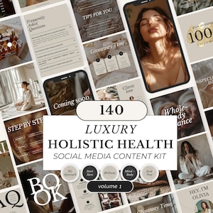 May include: A social media content kit with a holistic health theme. The kit includes 140 templates with a neutral color palette. The design features images of women, text overlays, and circular buttons with text such as "Wellness" and "Book Now."