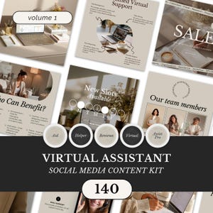 May include: A virtual assistant social media content kit with templates and graphics. The design includes images of laptops, office supplies, and text elements such as "New Slots Available" and "Our team members."