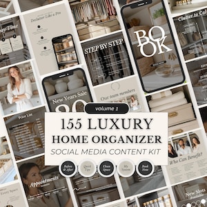 Könnte beinhalten: Werbebild für ein Social-Media-Content-Kit. Das Bild zeigt verschiedene Mockups von Telefonbildschirmen und anderen Grafiken. Der Text auf dem Bild lautet "155 LUXURY HOME ORGANIZER SOCIAL MEDIA CONTENT KIT."