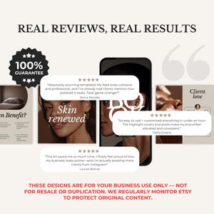 May include: An advertisement featuring customer reviews and a 100% guarantee badge. The text reads "REAL REVIEWS, REAL RESULTS." The image includes a phone mockup with social media posts and the words "Skin renewed."