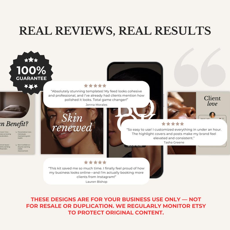 May include: An advertisement featuring customer reviews and a 100% guarantee badge. The text reads "REAL REVIEWS, REAL RESULTS." The image includes a phone mockup with social media posts and the words "Skin renewed."