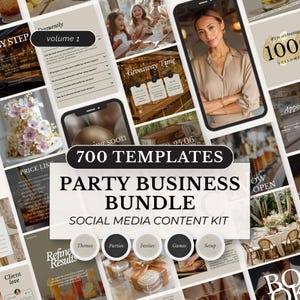Puede incluir: Un paquete de marketing digital para empresas de fiestas, con 700 plantillas para contenido de redes sociales. La imagen incluye maquetas de pantallas de teléfono, un pastel y otros elementos visuales relacionados con fiestas. El texto incluye "Party Business Bundle".
