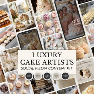 May include: A collage showcasing various cakes, cupcakes, and baking supplies. The central text reads "LUXURY CAKE ARTISTS SOCIAL MEDIA CONTENT KIT." Images include a multi-tiered cake, cupcakes with pink frosting, and a phone screen with the word "myth."