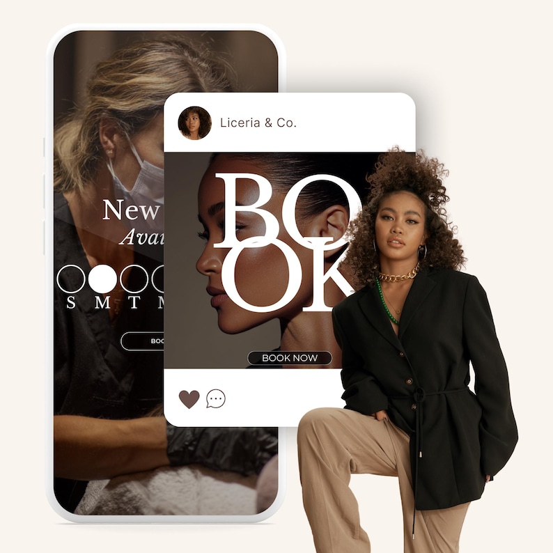 May include: A promotional image for Liceria & Co. features a woman in a black blazer and tan pants, with a social media-style graphic that says "BOOK" in large white letters. A phone screen displays "New Availability" and a calendar.