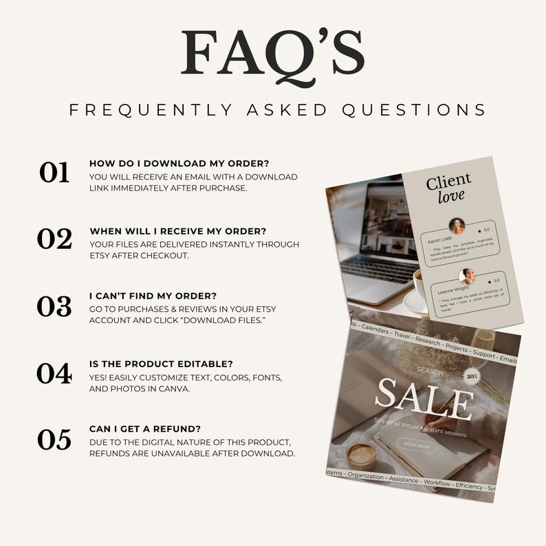 Pode incluir: Um documento de FAQ com texto preto em fundo claro, listando cinco perguntas sobre downloads digitais, entrega e edi&ccedil;&atilde;o no Canva. Duas imagens sobrepostas mostram um laptop com depoimentos de clientes e um gr&aacute;fico de vendas sazonais.
