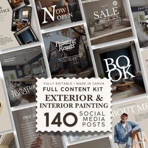 Könnte beinhalten: Ein digitales Content-Kit für soziale Medien mit 140 bearbeitbaren Vorlagen für Innen- und Außenanstrichdienste. Die Sammlung enthält verschiedene Layouts mit Textüberlagerungen wie Painting Results, Book Now und Season Sale in einer Rasteransicht.