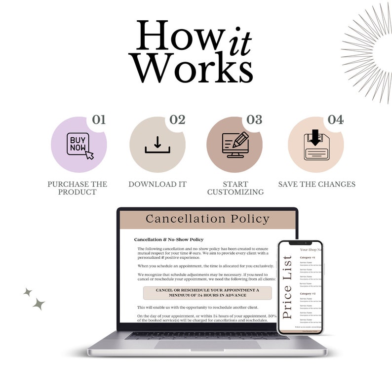 May include: A laptop computer screen displays a digital product customization process with four steps: purchase, download, customize, and save. The screen also shows a cancellation policy with a minimum of 24 hours notice required for reschedules. A mobile phone screen displays a price list.