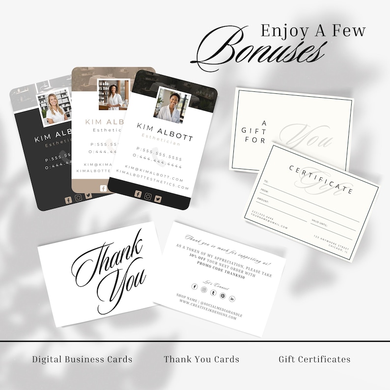 May include: Three digital business cards with a black, brown, and white color scheme. The cards feature a woman's headshot, the name "Kim Alb" and contact information. A white thank you card with black calligraphy. A white gift certificate with the text "A Gift For You" and "Certificate".