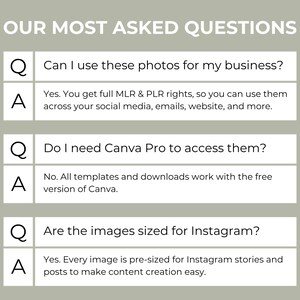 May include: A graphic with the text "OUR MOST ASKED QUESTIONS" and answers to common questions. Questions include usage rights, Canva Pro access, and image sizing for Instagram. The background is a muted green.