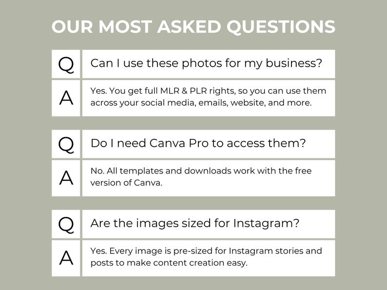 May include: A graphic with the text "OUR MOST ASKED QUESTIONS" and answers to common questions. Questions include usage rights, Canva Pro access, and image sizing for Instagram. The background is a muted green.