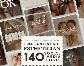 May include: A digital content kit for estheticians featuring 140 editable social media post templates. The collection includes various layouts with neutral beige tones, typography, and imagery of individuals receiving skincare treatments.