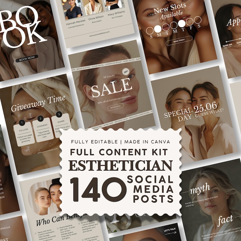 May include: A digital content kit for estheticians featuring 140 editable social media post templates. The collection includes various layouts with neutral beige tones, typography, and imagery of individuals receiving skincare treatments.