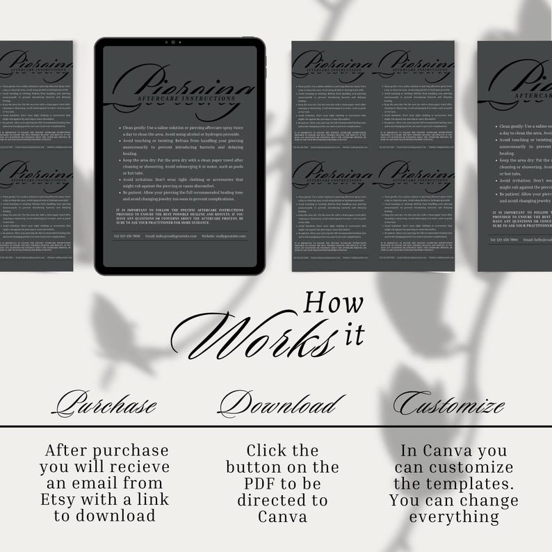 Puede incluir: Una maqueta de producto digital con una tableta y copias impresas con instrucciones para el cuidado posterior de los piercings. Se muestra el texto "How it Works", junto con instrucciones para la compra, descarga y personalizaci&oacute;n.