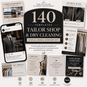 Può includere: Un kit di contenuti social media per sartorie e lavanderie a secco, con 140 modelli. Il design include un mockup di smartphone, schede di servizio ed esempi di prima e dopo. Il kit è completamente modificabile in Canva.