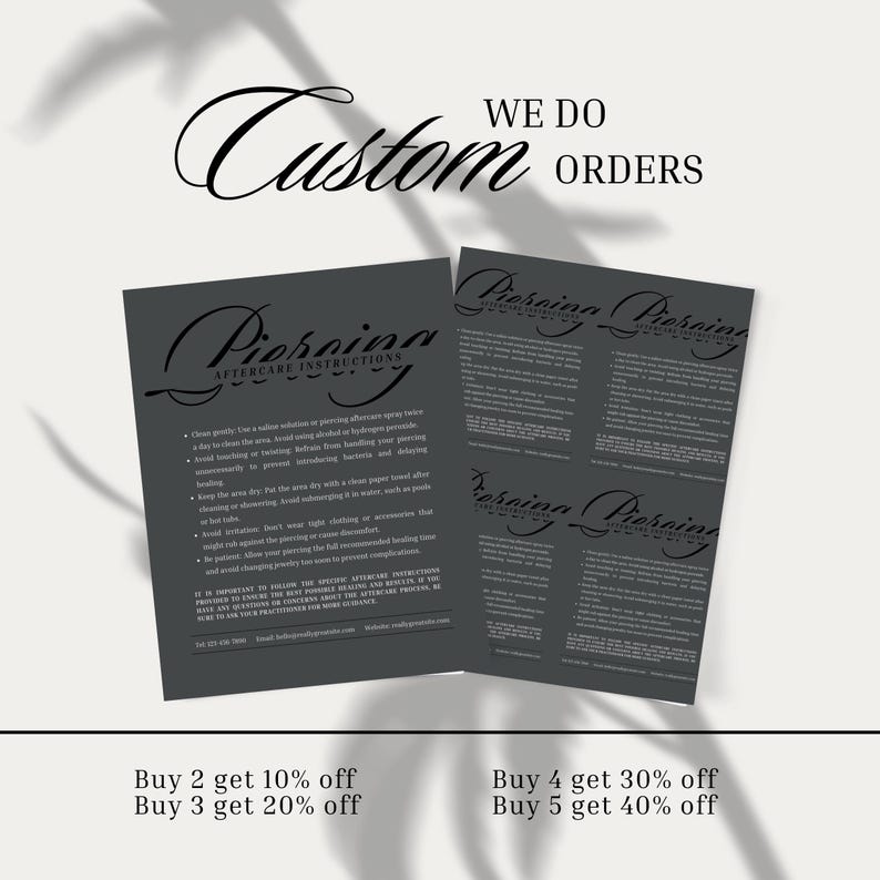 Puede incluir: Dos hojas de color gris oscuro con instrucciones para el cuidado posterior de los piercings. Las hojas tienen las palabras "Piercing Aftercare Instructions" en una fuente decorativa. La parte superior de la imagen dice "Custom Orders". Debajo de las hojas hay ofertas de descuento.