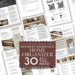May include: A collection of 30 editable business templates for home organizers, featuring white pages with black text, service descriptions, pricing tables, payment QR codes, and task checklists, all presented in a professional, clean layout.