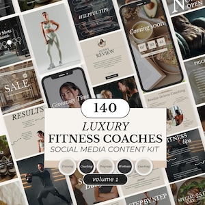 Peut inclure: Image promotionnelle pour un kit de contenu de médias sociaux pour les coachs de fitness de luxe. L'image présente diverses maquettes de publications sur les réseaux sociaux, notamment des images de modèles de fitness, des conseils d'entraînement et des avis clients. Le kit comprend 140 modèles.
