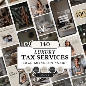 Puede incluir: Un kit de contenido para redes sociales para servicios fiscales de lujo. La imagen presenta varias plantillas con texto como "Price List", "Tax Filing" y "About Me". El kit incluye gráficos para impuestos personales, plazos y recursos.