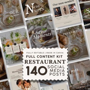 May include: A digital content kit for restaurant social media featuring 140 fully editable templates made in Canva. The collection includes various layouts with food photography, price lists, team member profiles, and promotional text overlays.