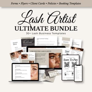 Puede incluir: Un conjunto de plantillas digitales para artistas de pestañas, que incluyen menús de servicios, tarjetas de clientes y plantillas de reservas. El título "Lash Artist Ultimate Bundle" se muestra en una escritura elegante, con el texto "30+ Lash Business Templates" debajo.