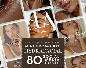 Hydrafacial Instagram Templates, Esthetician Skincare Social Media, Facial Treatment Marketing and Med Spa Canva Promo Kit | 80