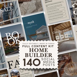 Könnte beinhalten: Ein digitales Content-Kit für Hausbauer mit 140 bearbeitbaren Social-Media-Beitragsvorlagen. Die zentrale Grafik zeigt den Text FULLY EDITABLE | MADE IN CANVA FULL CONTENT KIT HOME BUILDER 140 SOCIAL MEDIA POSTS auf einem weißen Hintergrund.