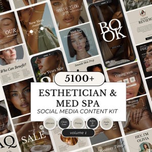 May include: A collection of social media templates for an esthetician and med spa, featuring various layouts with text like "New Slots Available," "Med Spa," and "Sale." The kit includes templates for client reviews, prep, and aftercare.