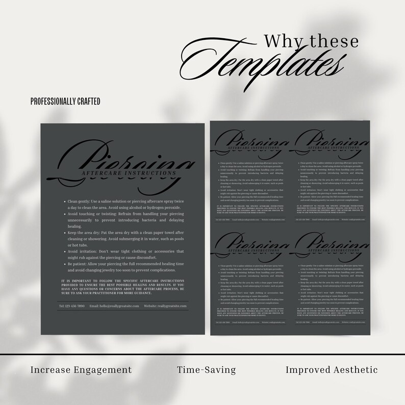 Puede incluir: Plantillas de color gris oscuro con instrucciones para el cuidado posterior de los piercings. Las plantillas incluyen texto sobre limpieza, evitar tocar y mantener el &aacute;rea seca. Las palabras "Why these Templates" est&aacute;n en la parte superior.