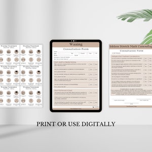May include: A digital consultation form for waxing services. The form includes sections for client health and medical history, client preferences and goals, and lifestyle and post-treatment considerations. The form is designed to be printed or used digitally.