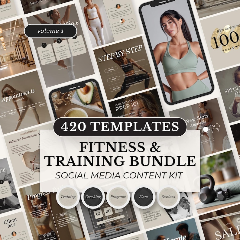 May include: A collection of social media templates for fitness and training. The image shows women in workout clothes, workout equipment, and text overlays. Text includes "420 TEMPLATES", "Fitness & Training Bundle", and various call-to-action buttons.