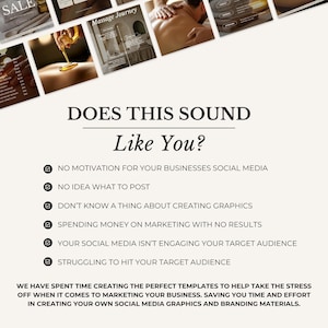 May include: A promotional graphic with the text "DOES THIS SOUND Like You?" followed by a list of social media marketing challenges. The image includes thumbnails of massage therapy and spa products.