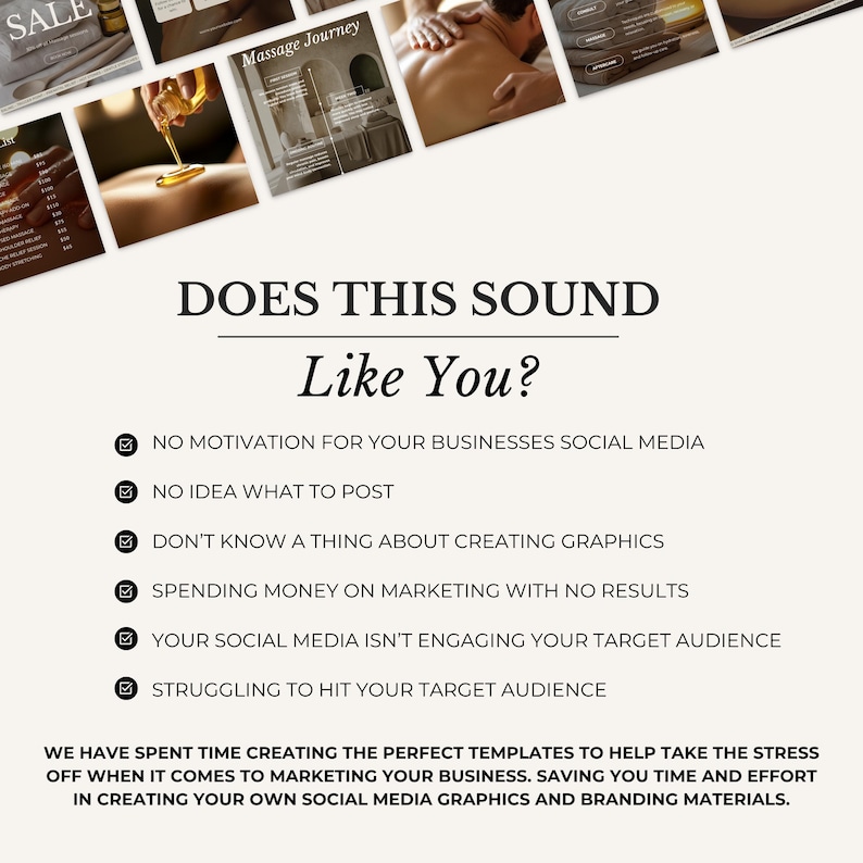 May include: A promotional graphic with the text "DOES THIS SOUND Like You?" followed by a list of social media marketing challenges. The image includes thumbnails of massage therapy and spa products.