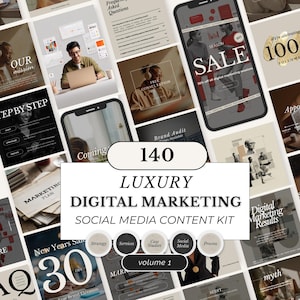 Puede incluir: Un kit de contenido para redes sociales de marketing digital, que se muestra en varias maquetas de teléfonos móviles y pantallas de ordenador. La imagen incluye superposiciones de texto con frases como "Sale" y "Free Consultation". El texto central dice "140 Luxury Digital Marketing".