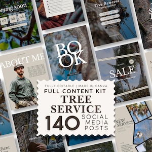 Könnte beinhalten: Ein digitales Content-Kit für Baumpflegedienste mit 140 bearbeitbaren Social-Media-Vorlagen. Das Design umfasst verschiedene Layouts mit Textüberlagerungen wie "BOOK NOW", "ABOUT ME" und "TREE SERVICE" sowie Abbildungen von Baumpflegern.