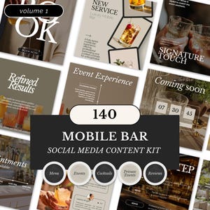 Puede incluir: Un kit de contenido para redes sociales para un servicio de bar móvil, con varios gráficos promocionales. El diseño incluye imágenes de cócteles, planificación de eventos y detalles del servicio. El kit incluye el texto "MOBILE BAR SOCIAL MEDIA CONTENT KIT" y "140".