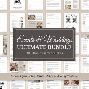 Peut inclure: Un ensemble de modèles commerciaux pour événements et mariages. Le graphique central présente le texte "Events & Weddings ULTIMATE BUNDLE" avec "30+ Business Templates" en dessous. La bannière inférieure indique "Forms • Flyers • Client Cards • Policies • Booking Templates."