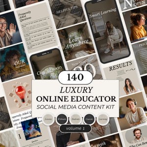 May include: A digital marketing kit for online educators, featuring 140 luxury social media content templates. The design includes images of people, smartphones, and text such as "Frequently Asked Questions" and "Smart Learning". The kit is labeled "volume 1".