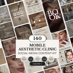Puede incluir: Un kit de marketing digital para una clínica estética móvil, con 140 plantillas de contenido para redes sociales. El diseño incluye imágenes de teléfonos, texto y gráficos con las palabras "Mobile Aesthetic Clinic" y "Volume 1".