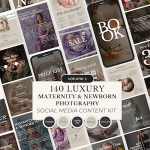 Pode incluir: Um conjunto de modelos de conteúdo para redes sociais para fotografia de maternidade e recém-nascidos. O design apresenta uma variedade de layouts com tons suaves e neutros, e inclui texto como "Price List", "Sale" e "Book Now". O kit é intitulado "140 Luxury Maternity & Newborn Photography".