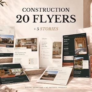 May include: A collection of 20 construction flyers and 5 stories featuring various home renovation and building designs. The printed materials display text including 'A better home starts here', 'The kitchen you come home to', and 'Room to grow'.