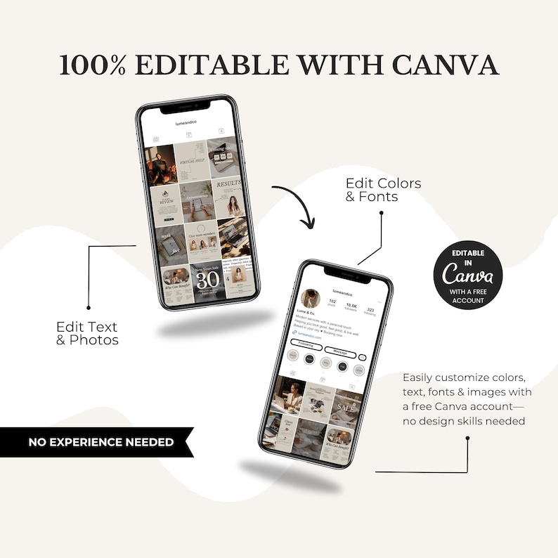 Pode incluir: Dois smartphones exibindo perfis de redes sociais com layouts de grade. As sobreposi&ccedil;&otilde;es de texto indicam 100% EDITABLE WITH CANVA, EDITABLE IN CANVA WITH A FREE ACCOUNT, EDIT TEXT & PHOTOS, EDIT COLORS & FONTS e NO EXPERIENCE NEEDED.