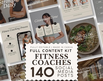 Może przedstawiać: Cyfrowy zestaw treści dla trenerów fitness zawierający 140 szablonów postów do mediów społecznościowych. Centralny tekst brzmi FULLY EDITABLE | MADE IN CANVA FULL CONTENT KIT FITNESS COACHES 140 SOCIAL MEDIA POSTS, otoczony przykładami układów.