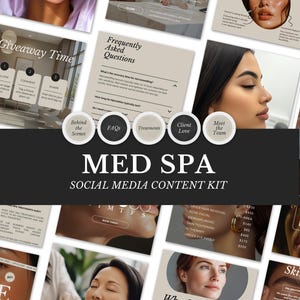 May include: A collection of social media content for a Med Spa, featuring images of skincare treatments, before-and-after photos, and informational graphics. The kit includes templates for posts, FAQs, and client testimonials, all in a clean, modern design.