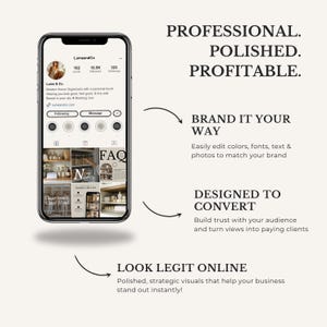May include: A smartphone displays a social media profile with the text "LumeandCo." The image promotes professional branding with the phrases "Professional. Polished. Profitable." and "Look Legit Online."