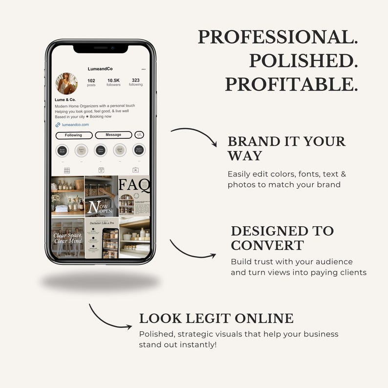 May include: A smartphone displays a social media profile with the text "LumeandCo." The image promotes professional branding with the phrases "Professional. Polished. Profitable." and "Look Legit Online."