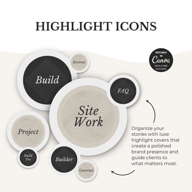 May include: Graphic with the text "HIGHLIGHT ICONS" and several circular icons. The icons include the words "Build", "Site Work", "Project", "Builder", and "FAQ". The image also includes the text "Organize your stories with luxe highlight covers that create a polished brand presence and guide clients to what matters most."